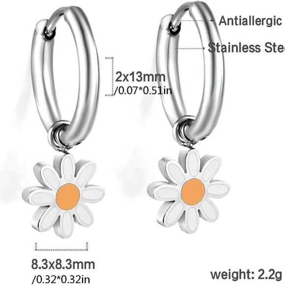 Daisy Small Hoop Flower Charm Earrings for Women - Hypoallergenic Stainless Stee - Picture 2 of 6